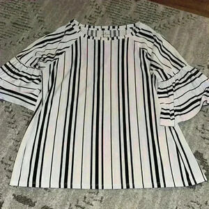 Worthington black and white striped top ruffle sleeves size M